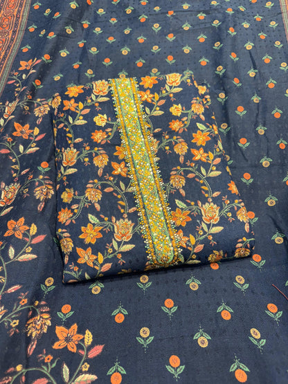 NAVY BLUE PASHMINA UNSTITCHED WITH NECK WORK AND FOIL PRINT