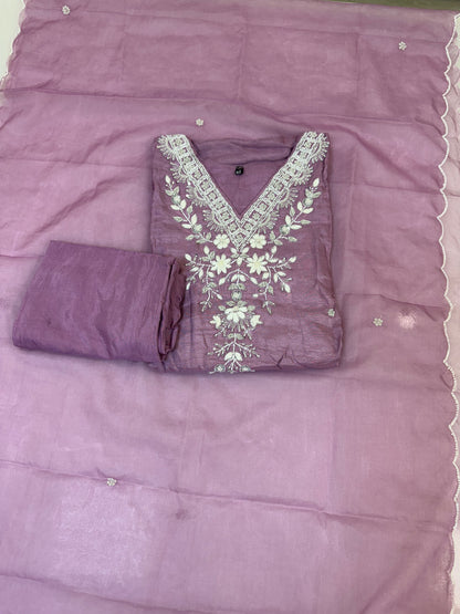 LILAC DOLA SILK 3 PIECE STRAIGHT FIT KURTI TOP WITH THREAD WORK AND ORGANZA DUPATTA