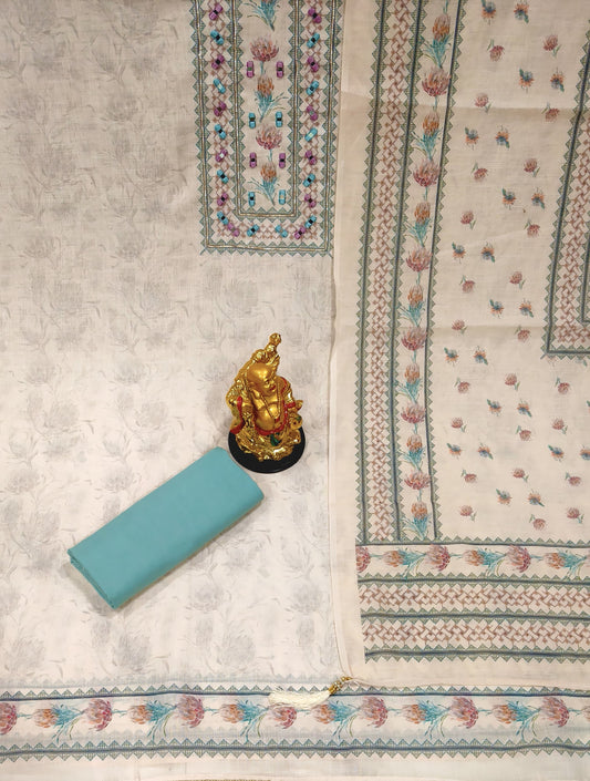 Elegant Linen Suit Material – Unstitched, Digital Print & Mirror Neck Work