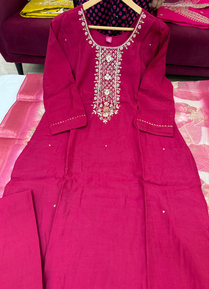 MAROON ROMAN SILK 3 PIECE SUIT WITH LINING BEAUTIFUL WORK ON NECK AND ORGANZA DIGITAL PRINT DUPATTA