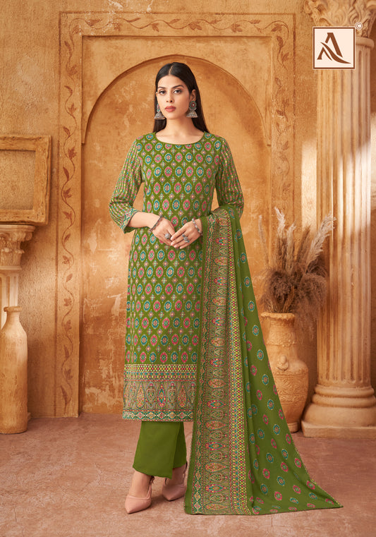 MEHNDI GREEN PASHMINA DIGITAL PRINT UNSTITCHED SUIT WITH SWAROVSKI WORK