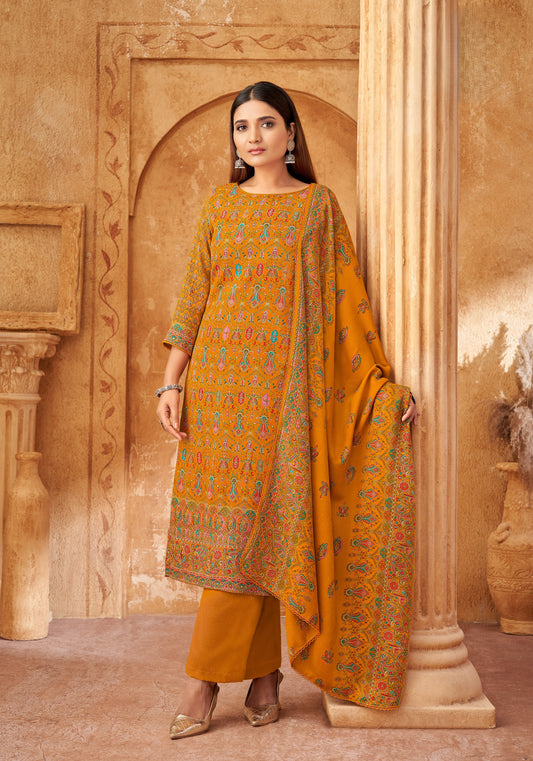 MUSTARD PASHMINA DIGITAL PRINT UNSTITCHED SUIT WITH SWAROVSKI WORK