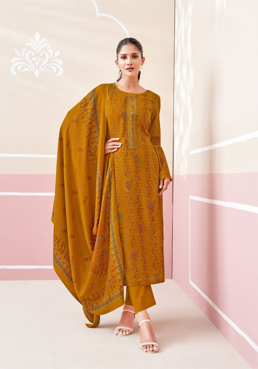 MUSTARD PASHMINA UNSTITCHED WITH NECK WORK AND FOIL PRINT