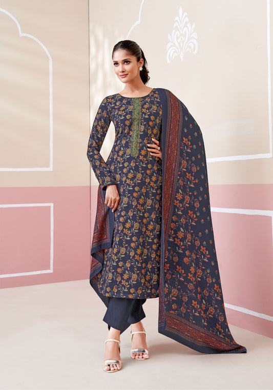 NAVY BLUE PASHMINA UNSTITCHED WITH NECK WORK AND FOIL PRINT