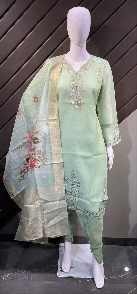 PISTA GREEN READYMADE LUNGI SALWAR STYLE 3 PIECE SHIMMER SUIT WITH COTTON LINING AND BANARSI DUPATTA