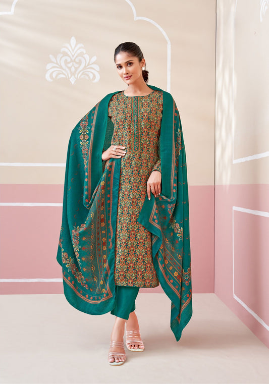 RAMA BLUE PASHMINA UNSTITCHED WITH NECK WORK AND FOIL PRINT