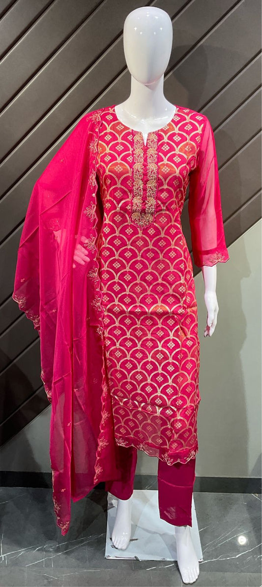 RANI COLOUR 3 PIECE BANARSI SUIT WITH HANDWORK ON NECK ,SLEEVES AND CHIFFON DUPATTA WITH HANDWORK
