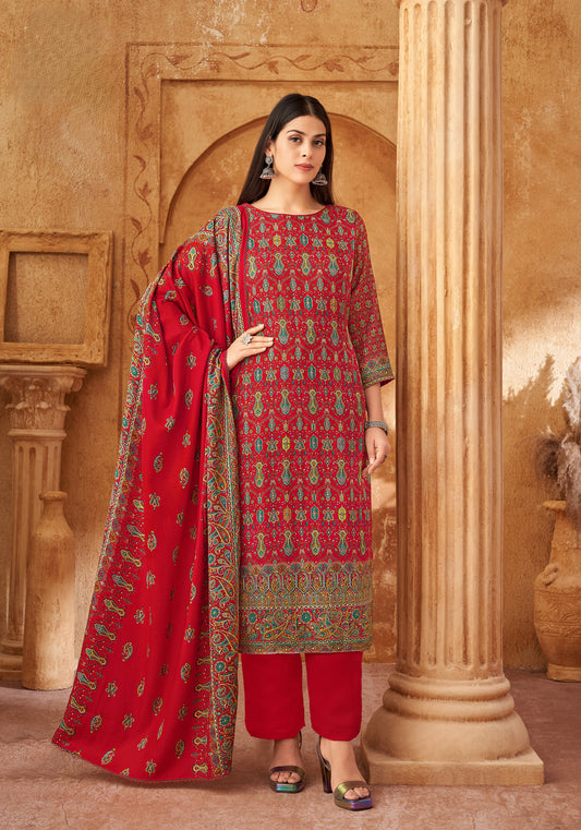 RED PASHMINA DIGITAL PRINT UNSTITCHED SUIT WITH SWAROVSKI WORK
