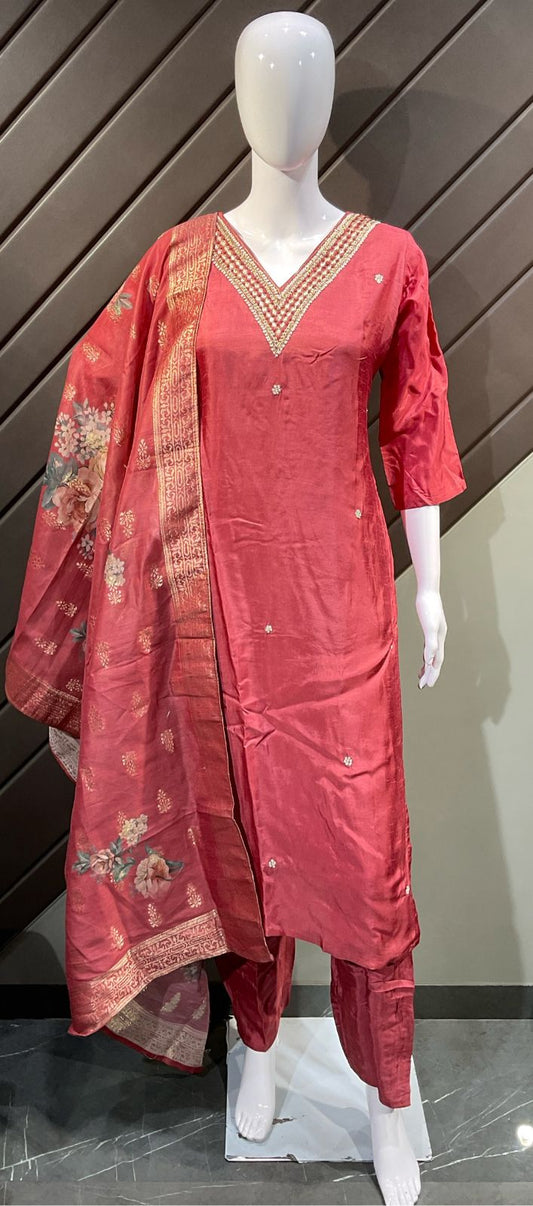 RUST ORANGE DOLA SILK 3 PIECE EMBROIDERED SUIT WITH STRAIGHT KURTI TOP AND BANARSI DUPATTA