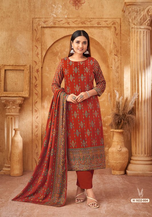 RUST ORANGE PASHMINA DIGITAL PRINT UNSTITCHED SUIT WITH SWAROVSKI WORK