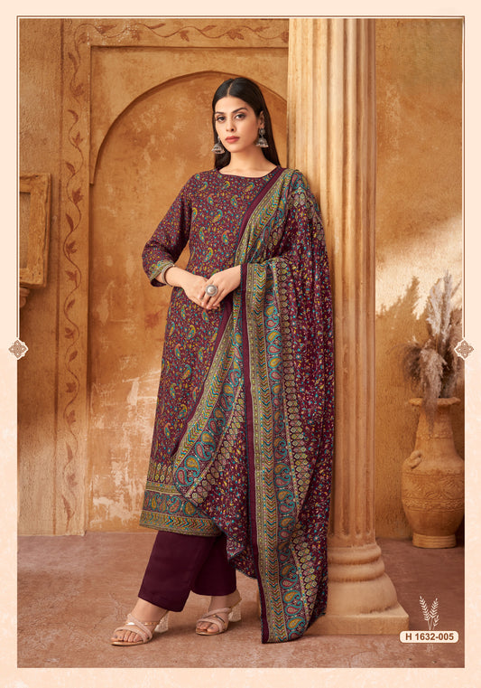 WINE PASHMINA DIGITAL PRINT UNSTITCHED SUIT WITH SWAROVSKI WORK